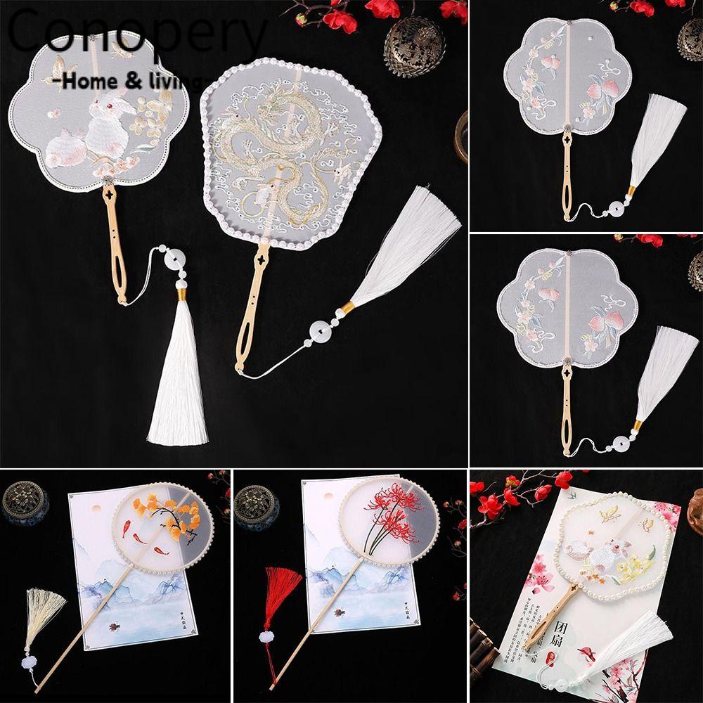 CONOPERY Quạt Cầm Tay Thêu Họa Tiết Phối Tua Rua Sáng Tạo