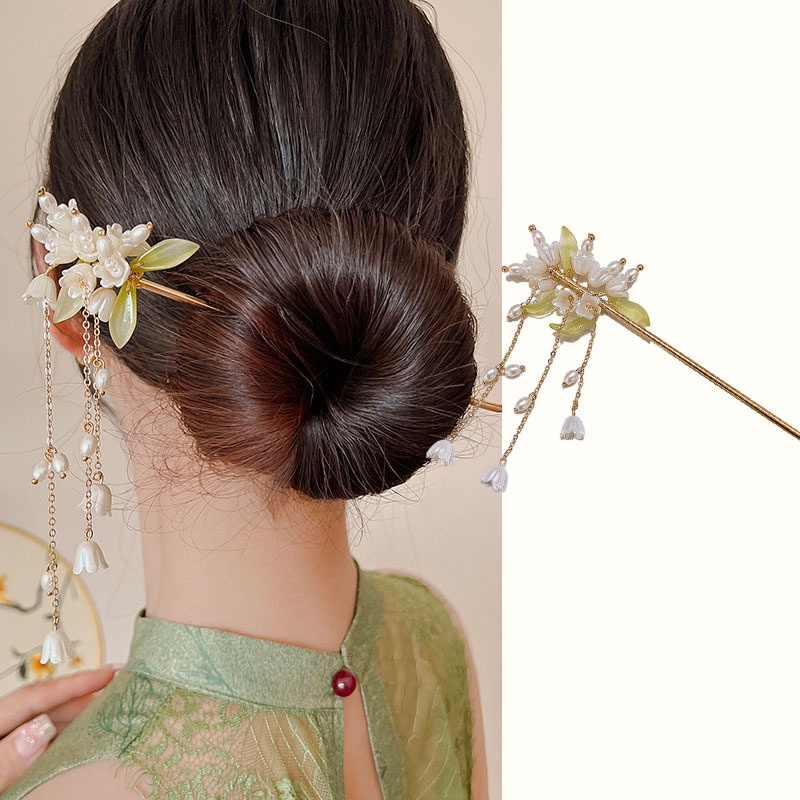 Trâm Cài Tóc Hoa Lily Đính Ngọc Trai Rung Kiểu Hán Phục Thời Trang Mùa Hè