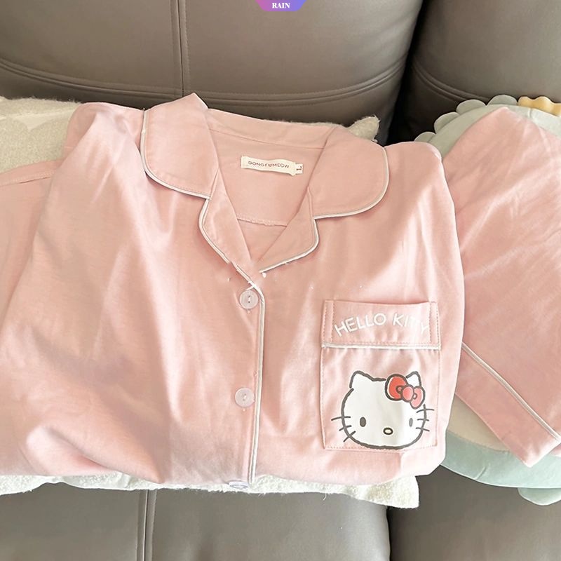 SANRIO Bộ Đồ Ngủ Ngắn Tay Họa Tiết Hoạt Hình Hello Kitty Cinnamoroll Dễ Thương Dành Cho Nữ