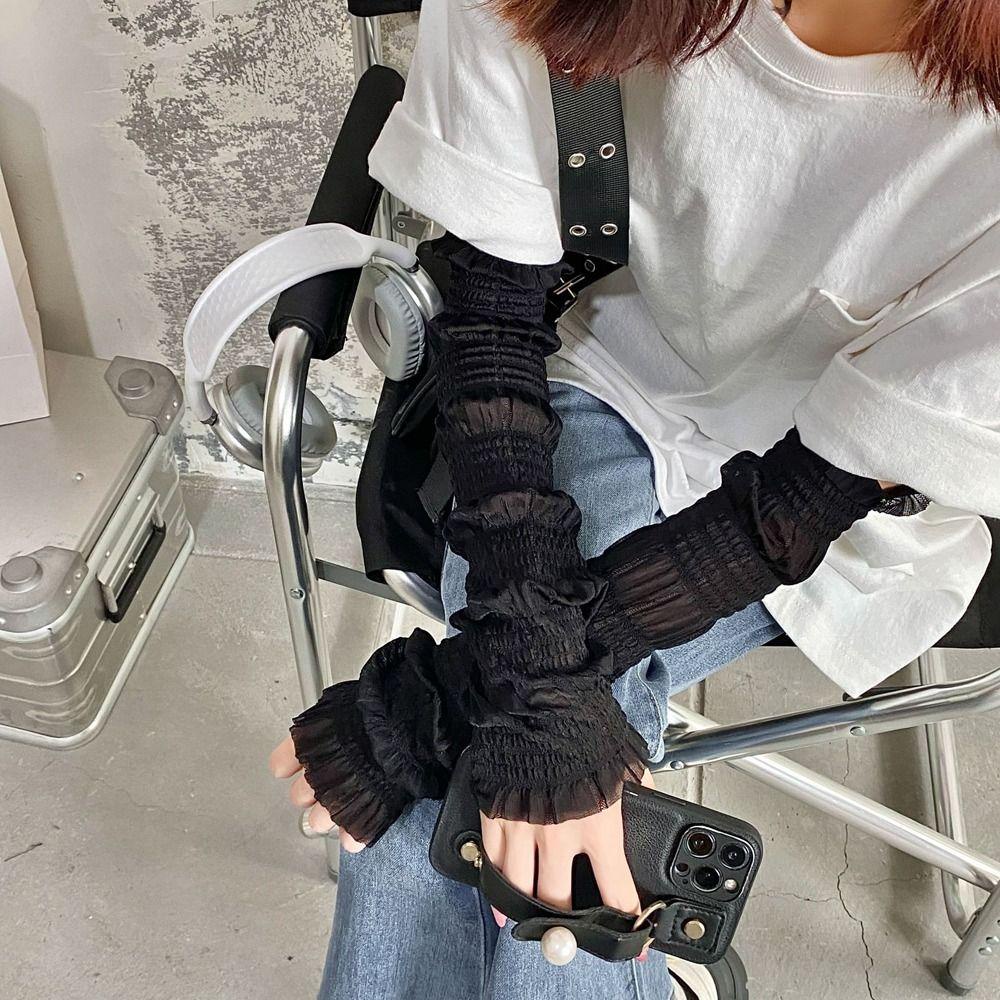 Găng Tay Chống Nắng Vải Lụa Lạnh Mỏng Trong Suốt Phối Ren Diềm Xếp Nếp 2Life