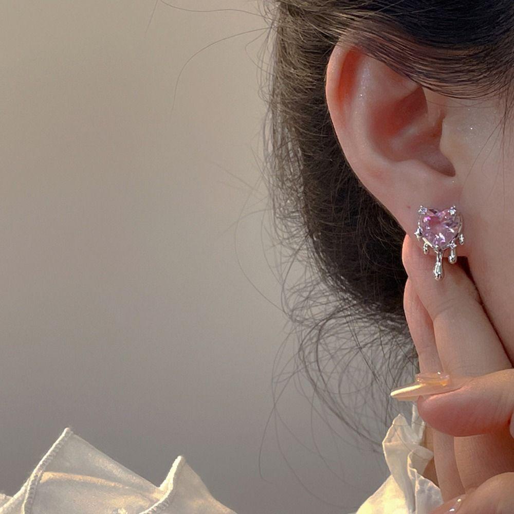 OCEANMAP Bông Tai Bạc Hình Trái Tim Màu Hồng Không Gây Dị Ứng Thời Trang