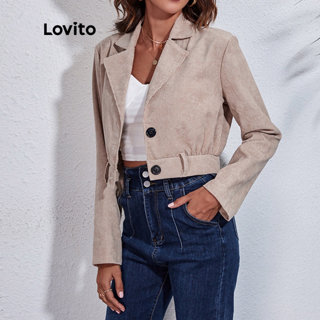 Lovito Áo khoác dài tay phối nút cổ trước màu trơn đơn giản cho nữ LNE15175 (Quả mơ)