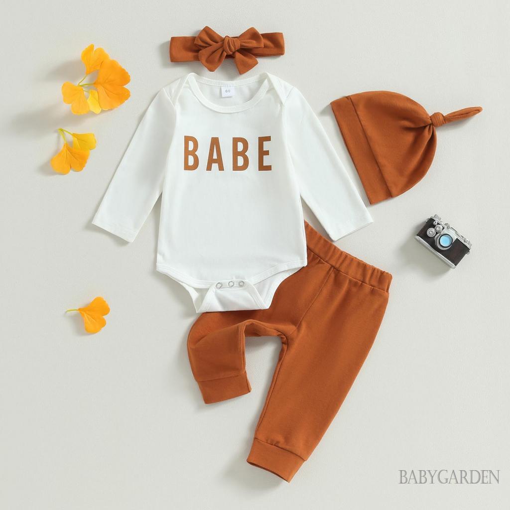 Set Đồ Gồm Áo Liền Quần + Quần Dài + Mũ Màu Trơn In Họa Tiết Chữ Xinh Xắn Cho Bé Gái 0-12 Tháng Tuổi