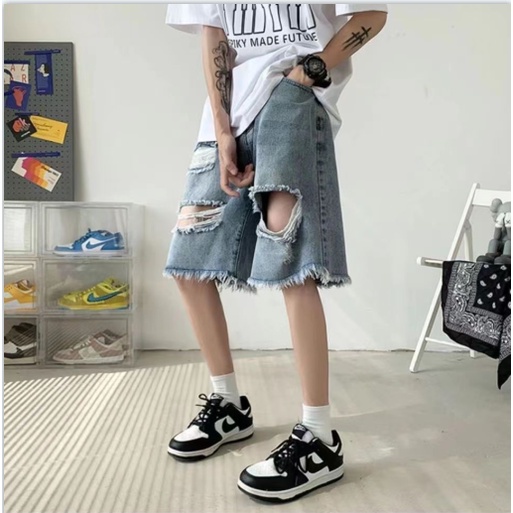Quần Short Denim Ống Rộng Phối Rách Thời Trang Theo Phong Cách Hip Hop