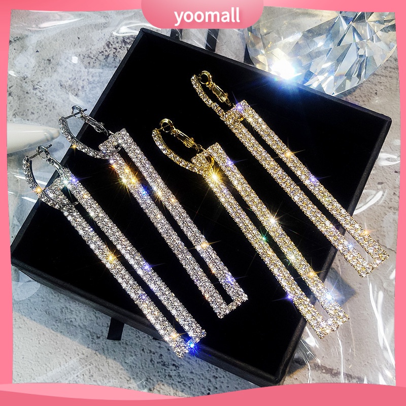 [YM] Bông Tai Dài Hình Chữ Nhật Rỗng Đính Kim Cương Pha Lê Phong Cách Hàn Quốc