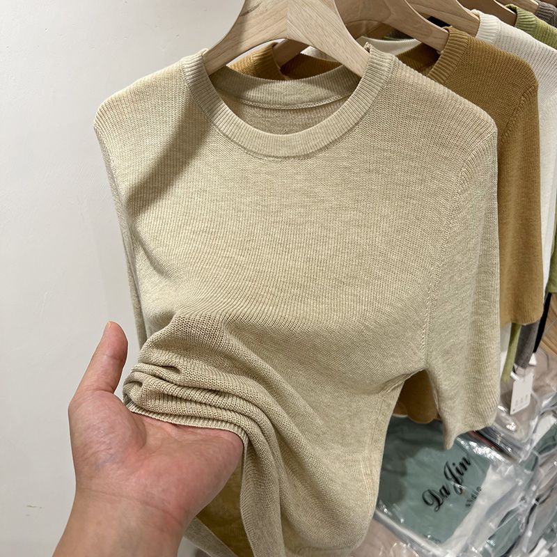 Áo Sweater Tay Lửng Vải Lụa Lạnh Mỏng Mềm Mại Thân Thiện Với Da Dễ Phối Đồ Thời Trang Xuân Hè