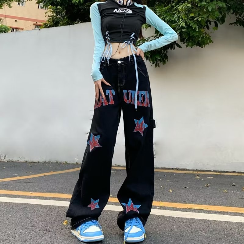 Quần Jean Dài Ống Rộng Lưng Cao In Chữ Và Ngôi Sao Phong Cách Retro Đường Phố Cho Nam