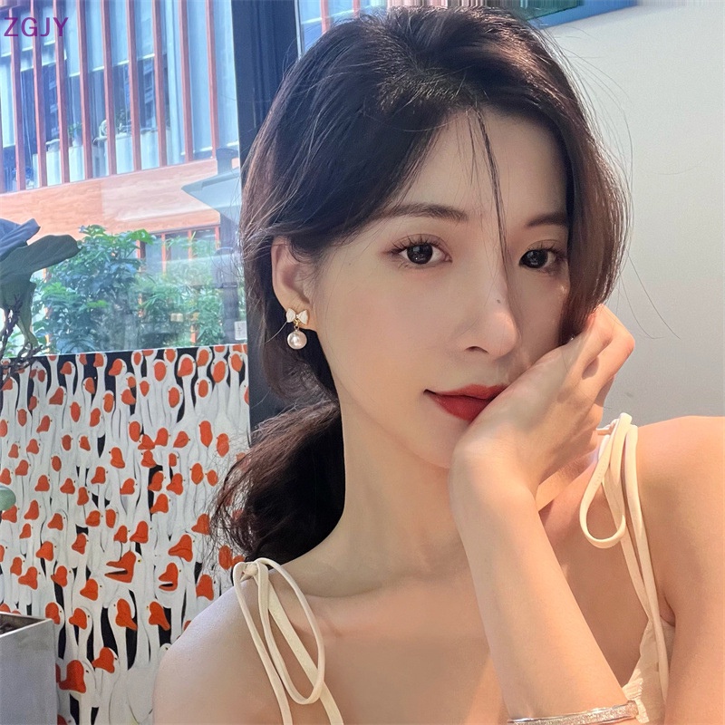 Đôi Khuyên Tai Thắt Nơ Đính Hạt Ngọc Trai Đơn Giản Thời Trang Mới