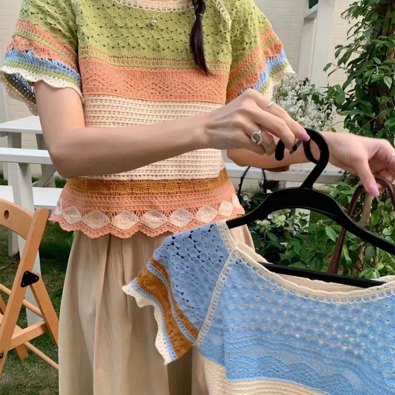 Áo Croptop Dệt Kim Tay Ngắn Cổ Tròn Phối Lưới In Họa Tiết Hoa Thời Trang Cho Nữ Y2k