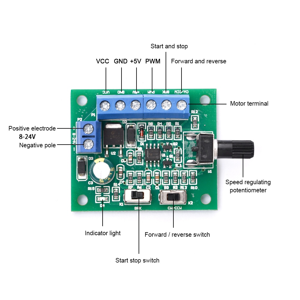 RIRIHI Bảng mạch điều khiển tốc độ động cơ không chổi than DC 8-24V PWM