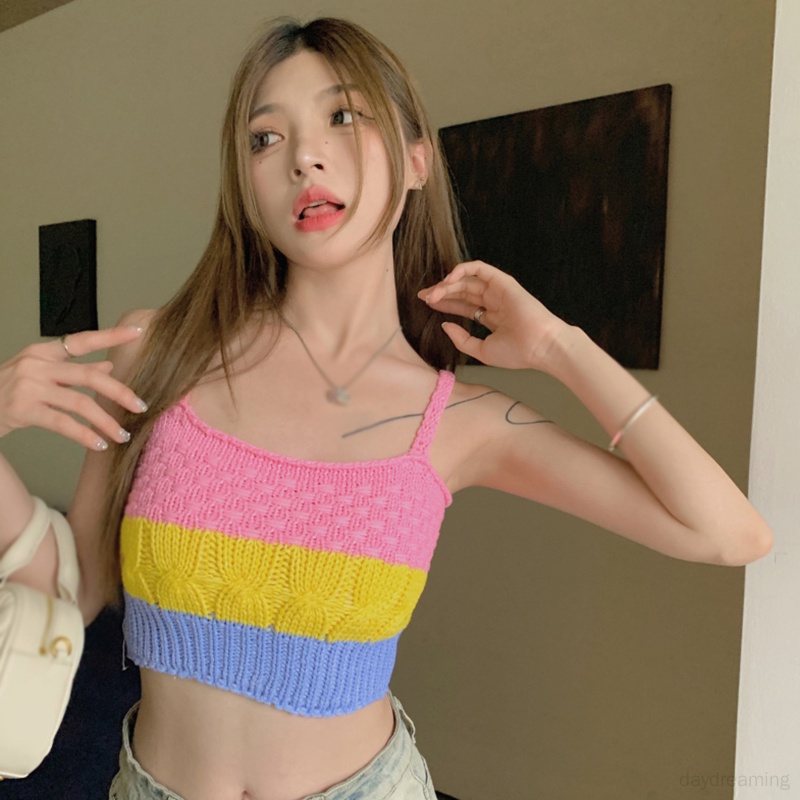 Áo Croptop Dệt Kim Không Tay Dáng Ôm Họa Tiết Kẻ Sọc Nhiều Màu Thời Trang Mùa Hè Hàn Quốc Cho Nữ