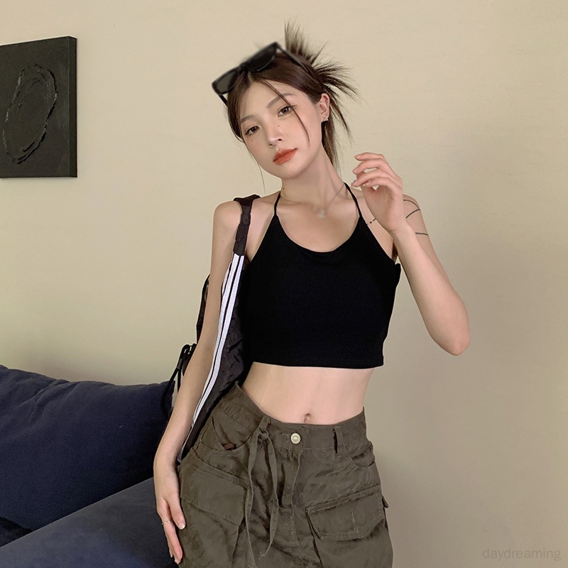 Áo Croptop Hai Dây Màu Trơn Có Mút Đệm Ôm Dáng Phong Cách Hàn Quốc Gợi Cảm Cho Nữ