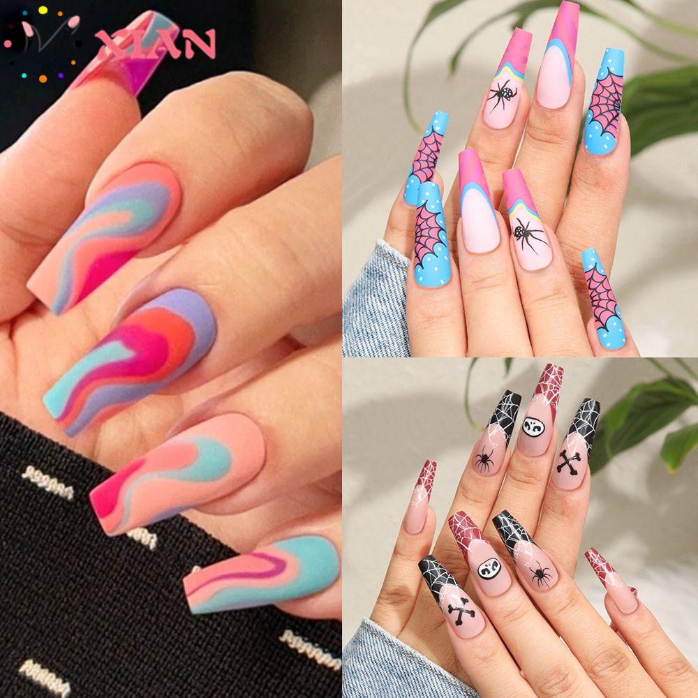 XIANTIN Bộ 24 Móng Tay Giả Che Phủ Toàn Diện Phong Cách Halloween