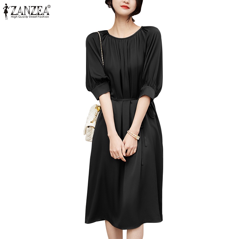 Zanzea Đầm Midi Tay Lửng Cổ Tròn Phong Cách Hàn Quốc Thanh Lịch Dành Cho Nữ