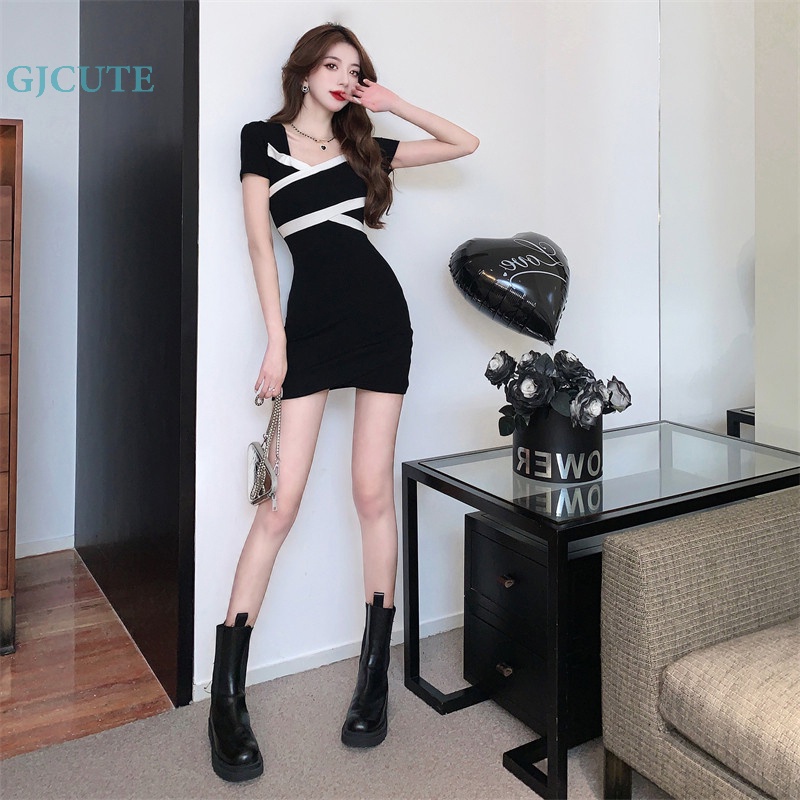 Đầm Mini Mỏng Mùa Hè Tay Cộc Màu Tương Phản Cổ Điển Sang Trọng Cho Nữ WTD