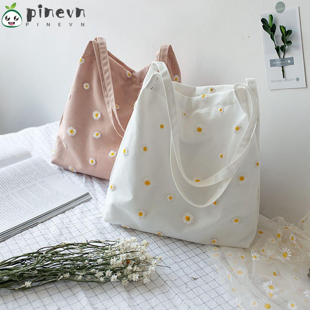 PINEVN Túi Đeo Vai Vải Canvas Phối Ren Lưới Họa Tiết Hoa Cúc Thời Trang Đi Biển Cho Nữ