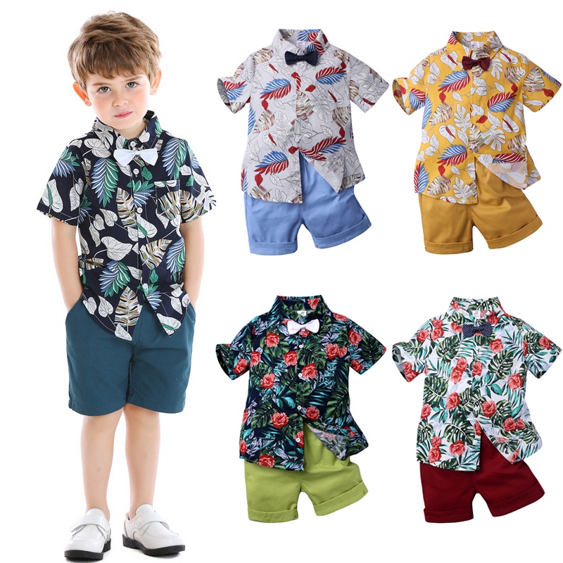 Bộ Áo Sơ Mi Ngắn Tay Cài Nút + Quần Short + Nơ Phong Cách Hawaii Cho Bé Trai