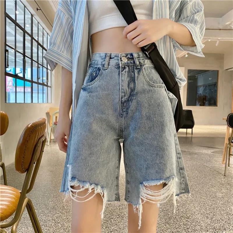 DUNEA Quần Short Denim Lưng Cao Phối Rách Cá Tính Dành Cho Nữ