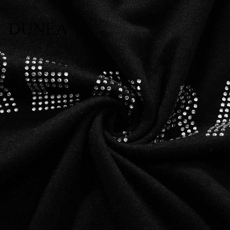 DUNEA Áo Thun Tay Ngắn Cổ Tròn In Chữ Đính Kim Tuyến Lấp Lánh Thời Trang Cho Nữ