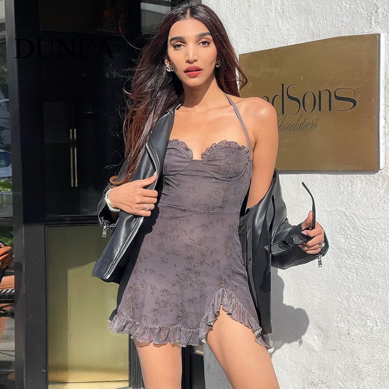 DUNEA Đầm Hai Dây Cổ Khoét Sâu Phối Bèo Xẻ Tà Quyến Rũ Thời Trang Cho Nữ