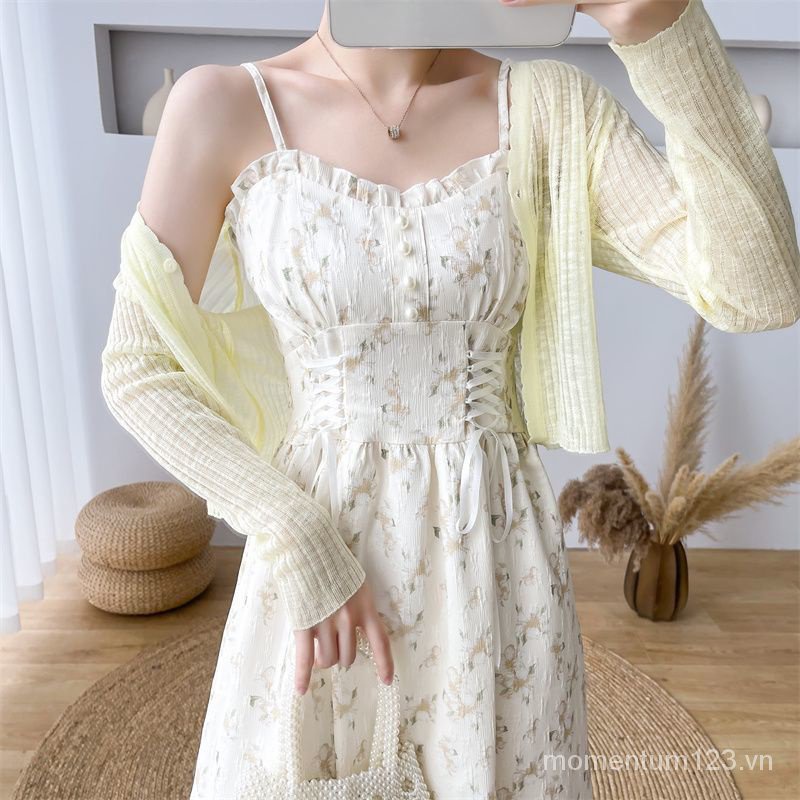Đầm Hai Dây Kèm Áo Khoác Cardigan Chống Nắng Phong Cách Hàn Quốc Ngọt Ngào Dễ Phối Đồ Mùa Hè Mới Cho Nữ @ -