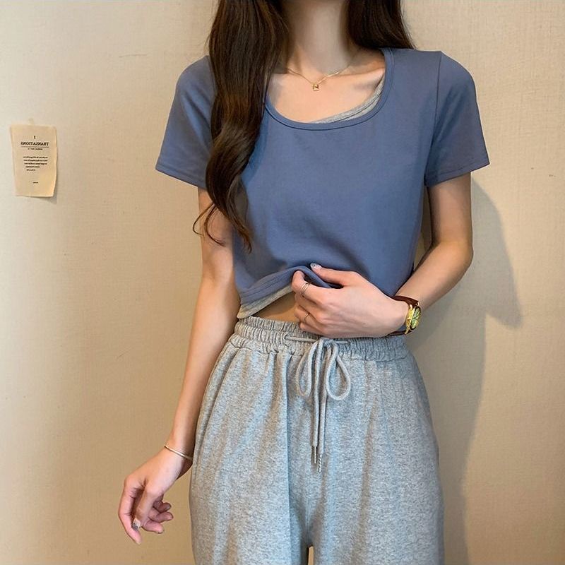 Áo Thun Ngắn Tay Giả Hai Lớp Phong Cách Mới Dành Cho Nữ