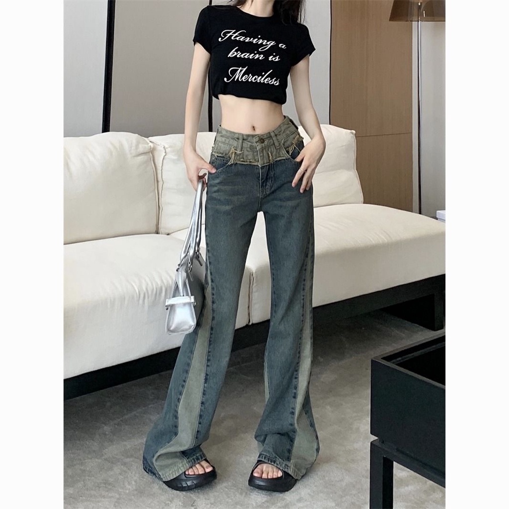 Quần Jean Dài Ống Rộng Lưng Cao Màu Sắc Tương Phản Thời Trang Mùa Hè Dành Cho Nữ
