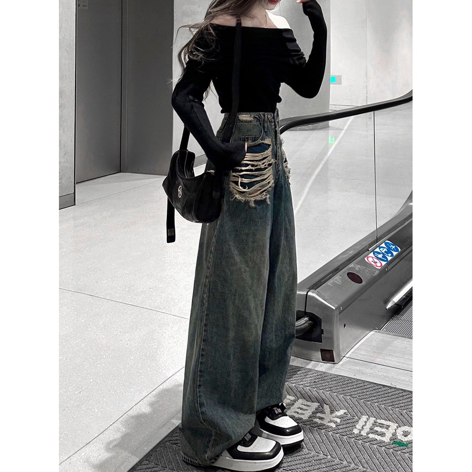 Quần Jean Dài Lưng Cao Ống Rộng Rách Gối Phong Cách Retro Mỹ Thời Trang Cho Nữ