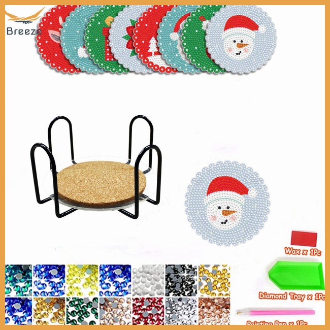 Set 8 Tấm Lót Ly Họa Tiết Giáng Sinh Kèm Giá Đỡ Đính Đá Trang Trí Nội Thất Diy