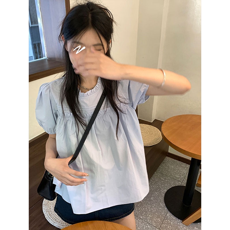 Áo Kiểu Tay Phồng Ngắn Màu Xanh Dương Phong Cách Pháp Thời Trang Mùa Hè Xinh Xắn Cho Nữ