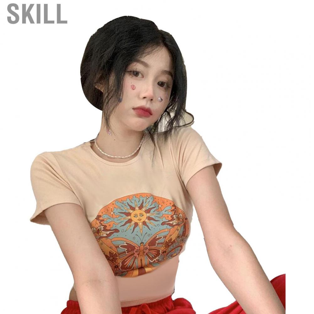 Skill Short Sleeve Top  Easy Matching Women Summer  Silk Vintage Pattern  Fitting for Vacation