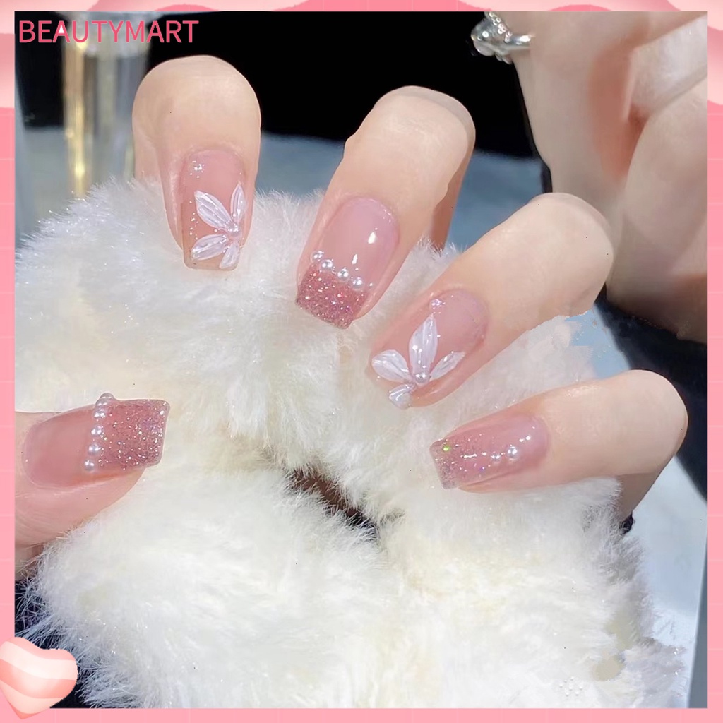 1 Bộ Móng Tay Giả Ngắn Che Phủ Toàn Diện Tháo Rời Được Trang Trí Hoa Trà Đính Ngọc Trai / Hoa Trà DIY