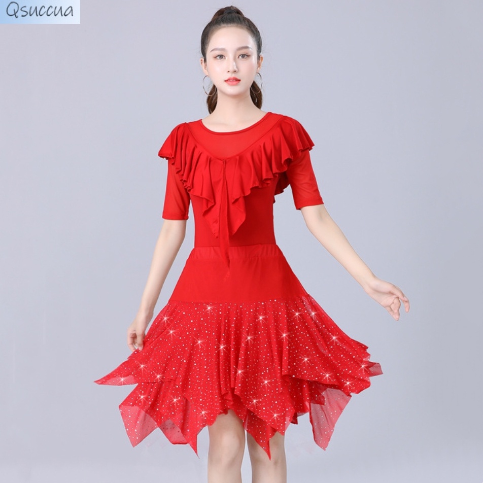 Bộ Trang Phục Trình Diễn Khiêu Vũ Latin Phối Lưới Nhún Bèo Dành Cho Nữ