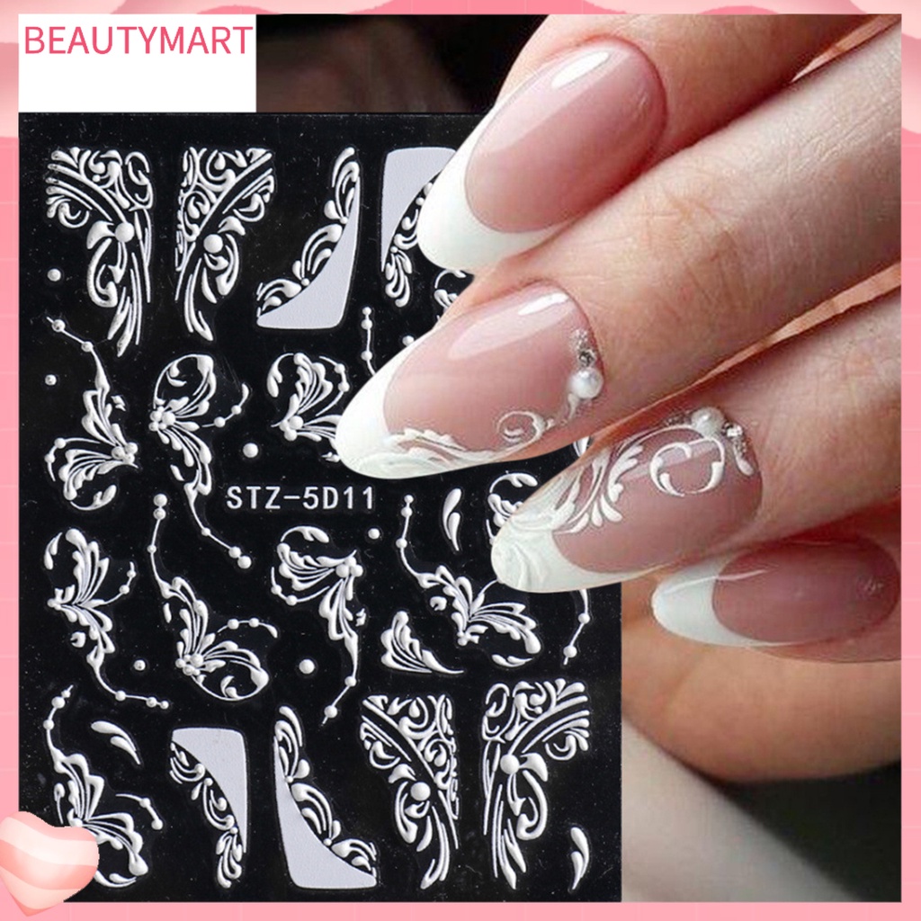 Miếng Dán Họa Tiết Hoa Dập Nổi 5D Màu Trắng Retro Trang Trí Móng Tay