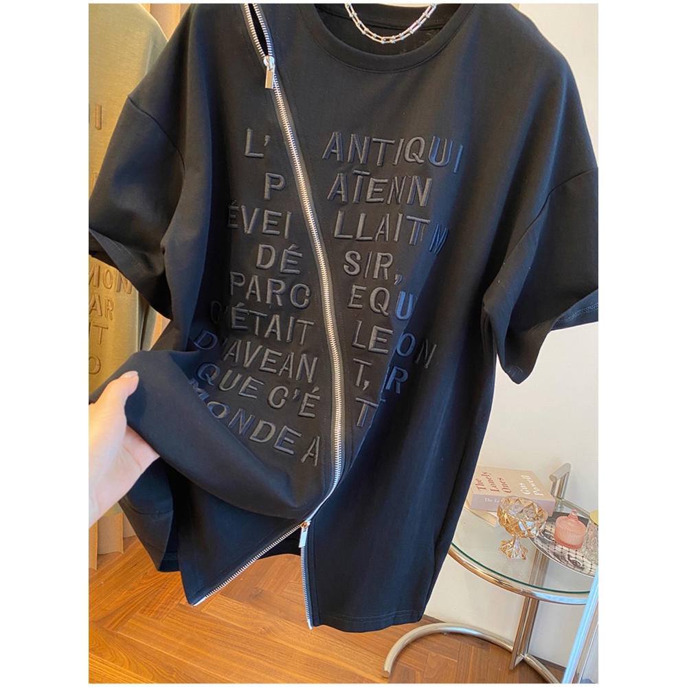 Áo Thun Tay Ngắn Dáng Rộng Thêu Họa Tiết Có Khóa Kéo Thời Trang Cho Nữ