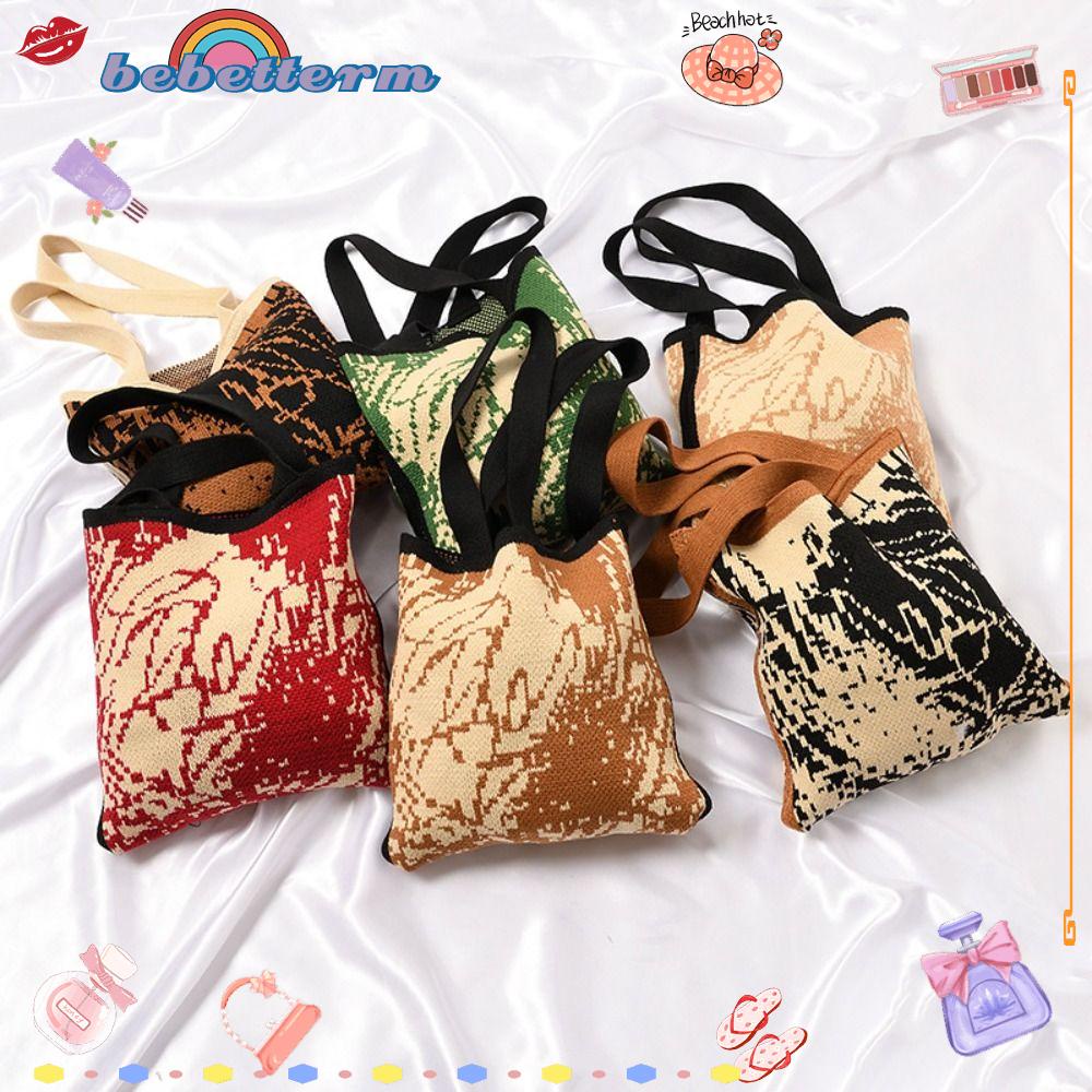 BEBETTERM Túi Đeo Vai Mini Dệt Kim Họa Tiết Sọc Tương Phản Có Thể Tái Sử Dụng