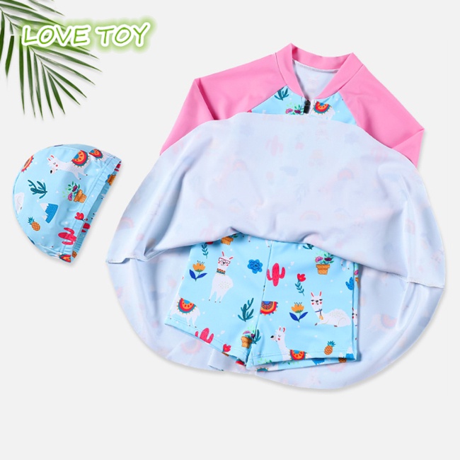 Bộ Đồ Bơi 2 Mảnh Áo Tay Dài + Mũ Bơi Nhanh Khô Kiểu Công Chúa Xinh Xắn Cho Bé Gái