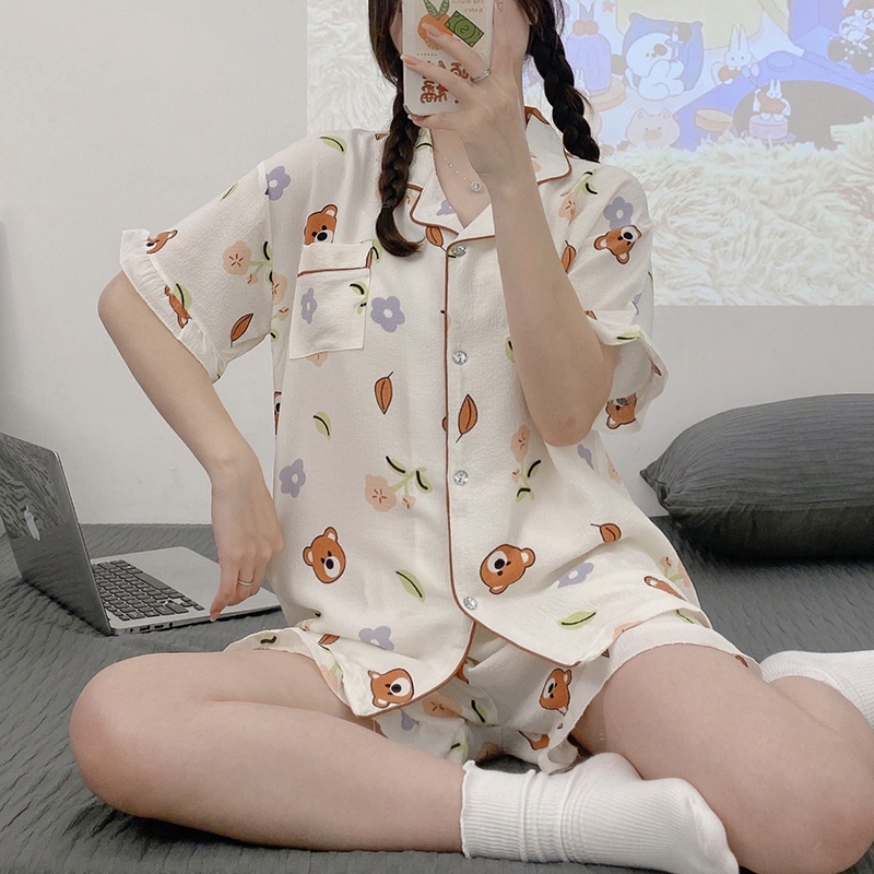 Bộ Đồ Ngủ Tay Ngắn Chất Cotton Dáng Rộng In Họa Tiết Hoa / Gấu Hoạt Hình Thời Trang Mùa Hè Xinh Xắn