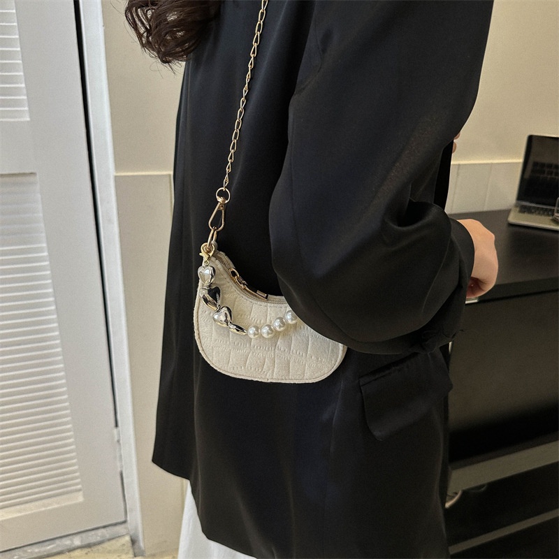 Túi Xách JASMIN NOIR Đeo Vai Bằng Vải Nỉ Họa Tiết Cá Sấu Nửa Ngọc Trai Đơn Giản Có Dây Xích Đeo Cho Nữ