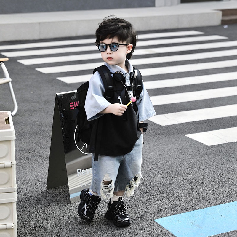 Áo Sơ Mi Denim Tay Ngắn Dáng Rộng Phong Cách Hàn Quốc Thời Trang Mùa Hè Cho Bé Trai