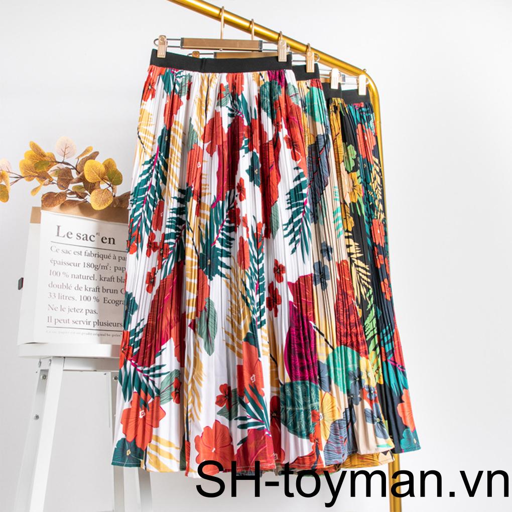 Chân Váy Dài Xếp Ly Lưng Cao In Họa Tiết Vintage Thoải Mái Thời Trang Cho Nữ