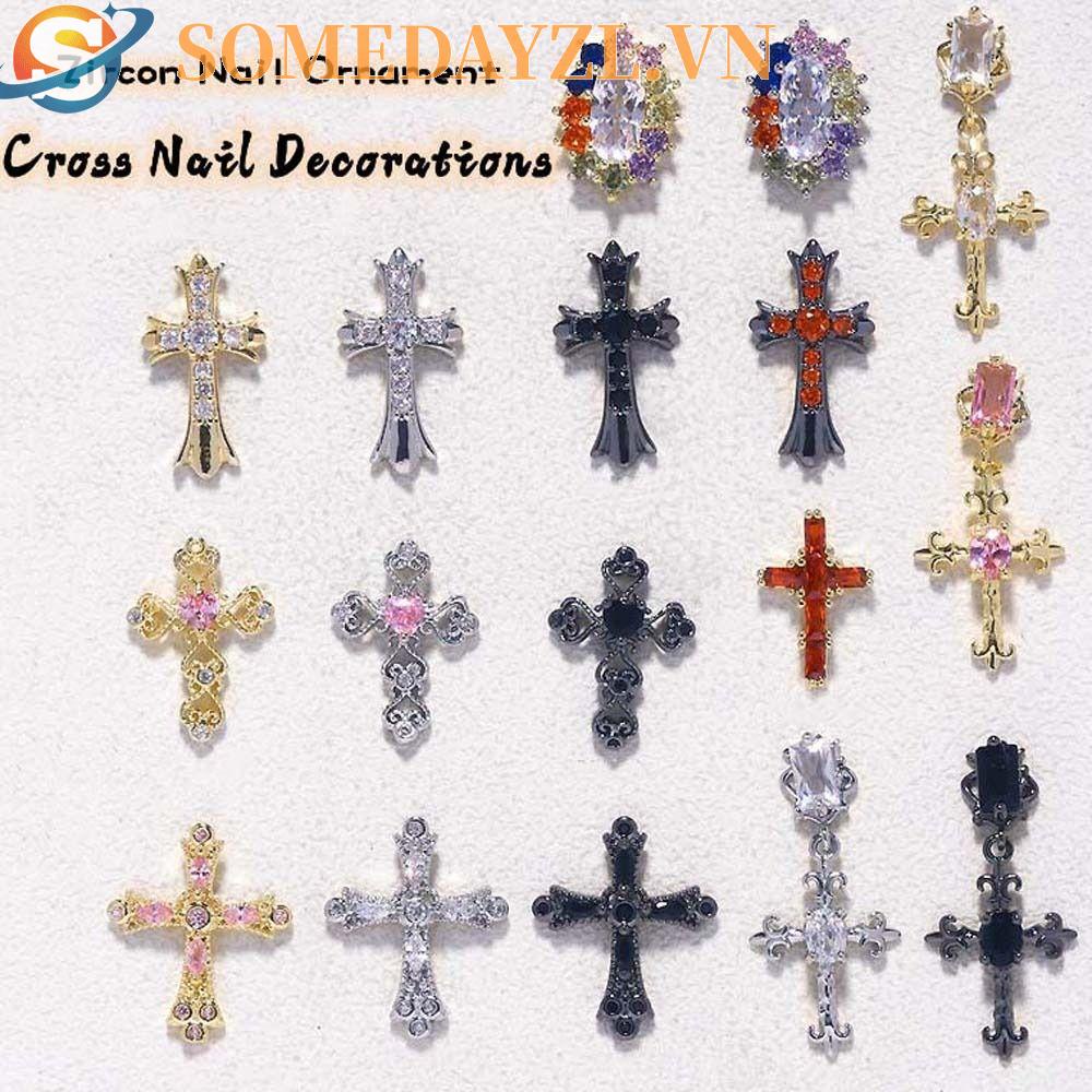 SOMEDAYZL Phụ Kiện Trang Trí Móng Tay Hình Thánh Giá 3D Bằng Bạc Thời Trang