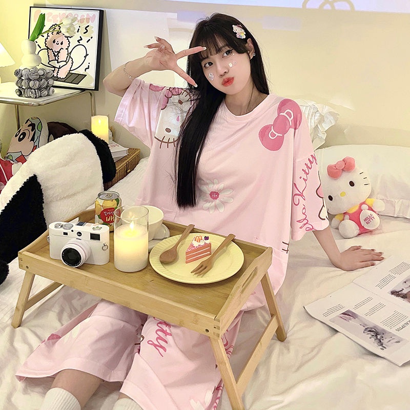 Đầm Ngủ Cotton Tay Ngắn Dáng Rộng In Hoạt Hình Dễ Thương Thời Trang Mùa Hè Cho Nữ