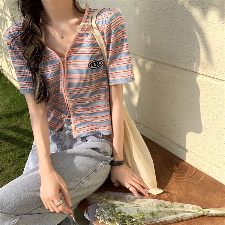 NZN Áo Thun Tay Ngắn Cổ Chữ V Họa Tiết Kẻ Sọc Thời Trang Mùa Hè Dễ Thương Cho Nữ