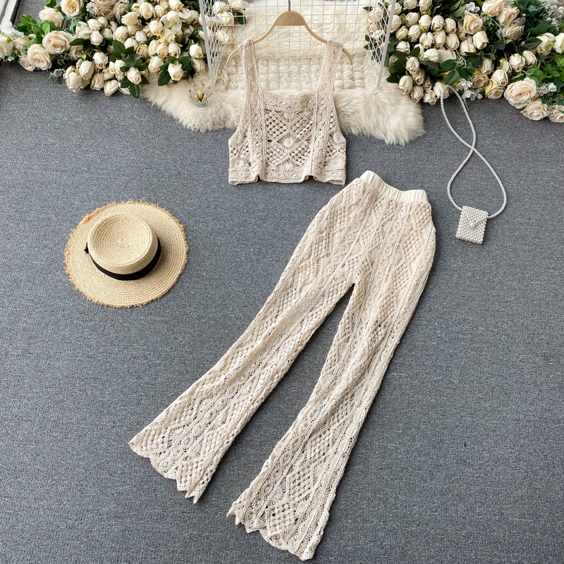 Set Áo Cổ Vuông Không Tay Và Quần Dài Lưng Cao Ống Loe Phong Cách Âu Mỹ