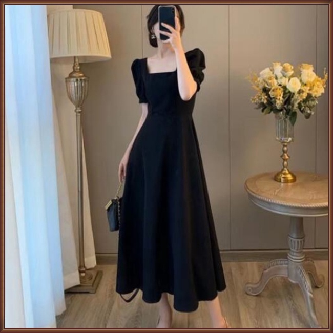 Đầm Midi Chữ A Tay Ngắn Cổ Vuông Màu Trơn Thanh Lịch Thời Trang Mùa Hè Dành Cho Nữ