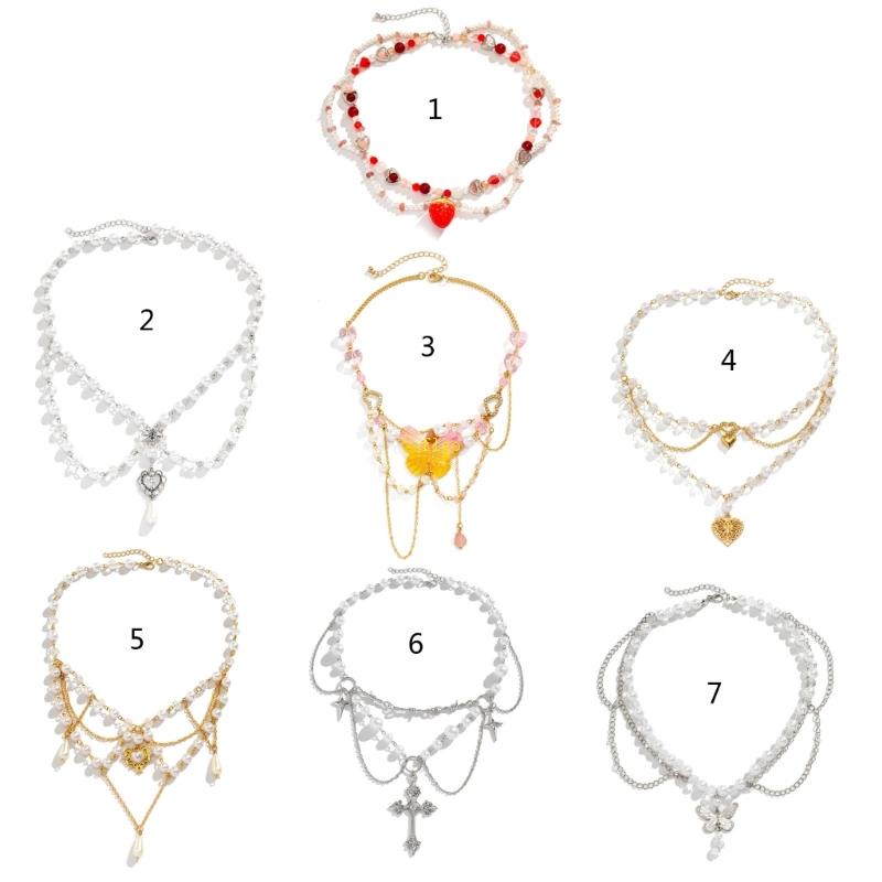 Vòng Cổ Choker Nhiều Lớp Mặt Hình Trái Dâu Ngọc Trai Nhân Tạo Phong Cách Bohemia
