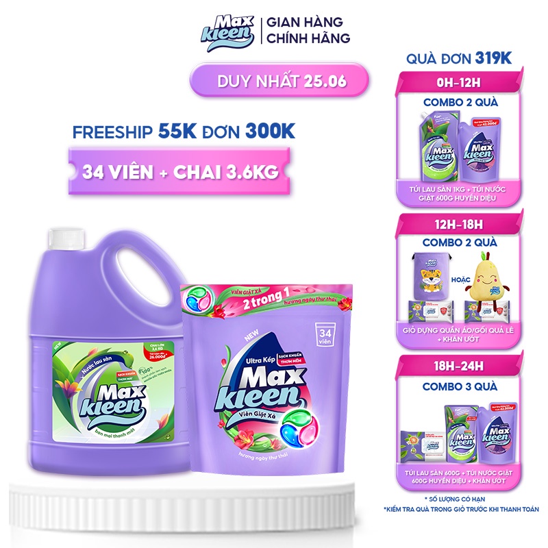 Combo Túi Viên Giặt Xả MaxKleen (34 viên/túi) + Chai Lau sàn MaxKleen Ban mai thanh mát 3.6kg/chai