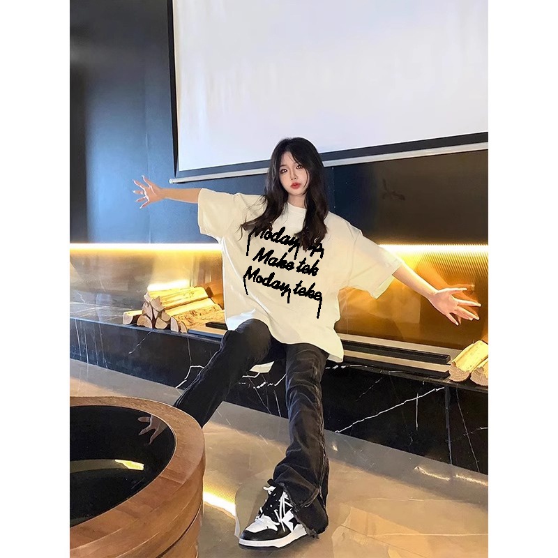 HIIXIIVI Áo Thun 100% Cotton Tay Ngắn Dáng Rộng In Họa Tiết Hoạt Hình Phong Cách Hàn Quốc Thời Trang Mùa Hè