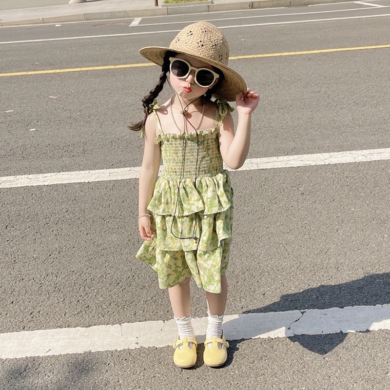 Đầm Công Chúa Mùa Hè Hai Dây Phồng Phong Cách Hàn Quốc Ngọt Ngào Cho Bé Gái